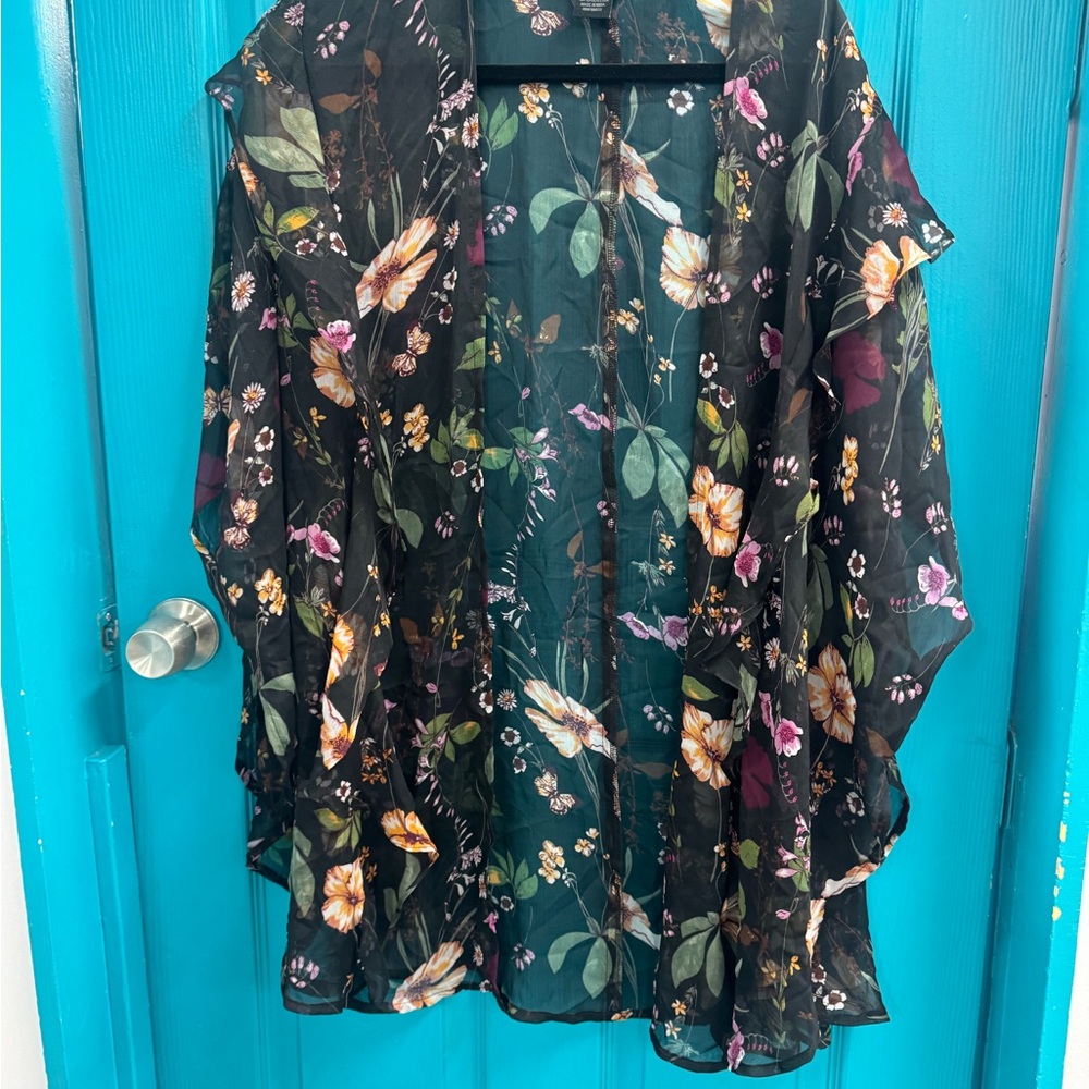 Steve Madden Black Floral Kimono Cardigan with ruffles, sheer, fall colors